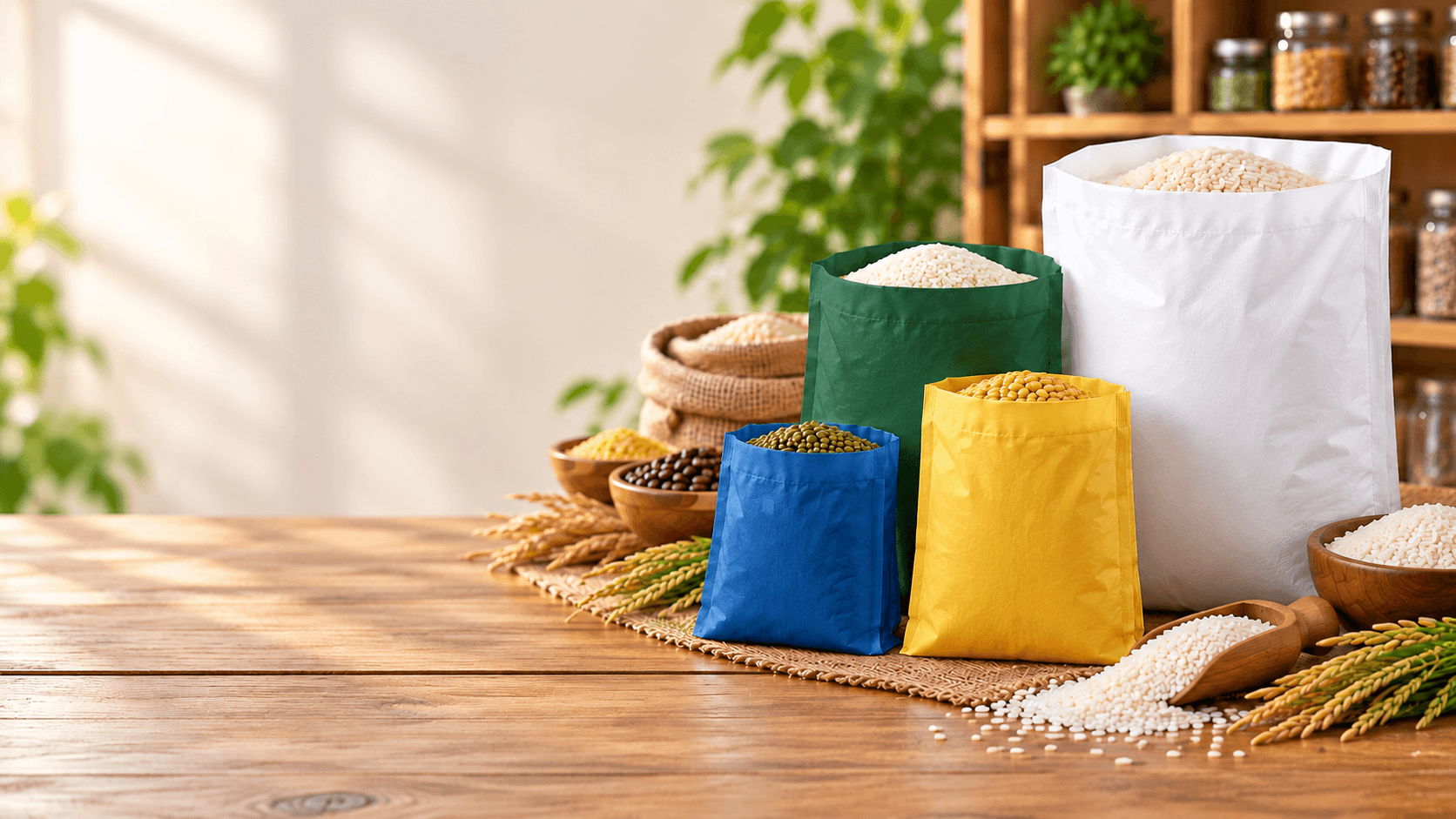 White, green, yellow and blue Open Bags filled with dry goods, with white shown as the common option.